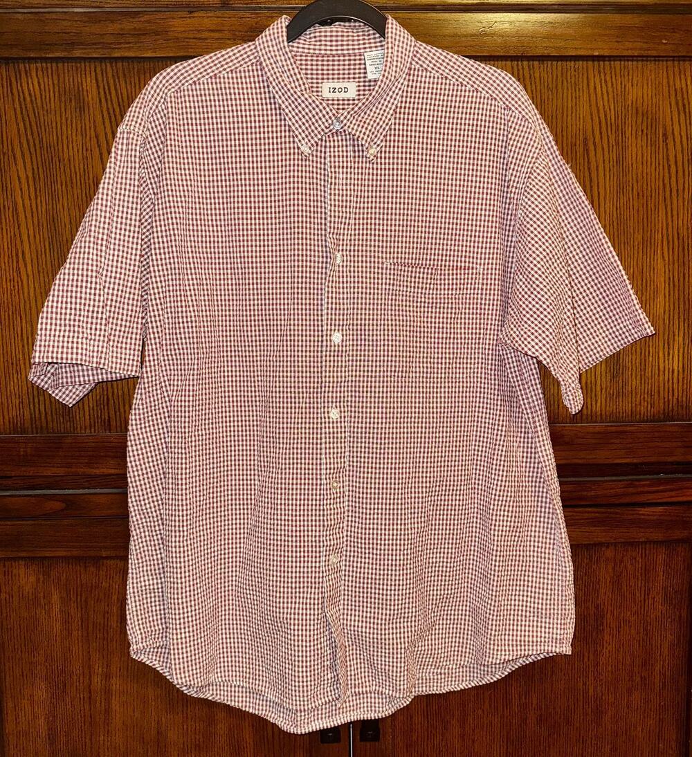 IZOD Short Sleeve Gingham Button Down Red White Cotton Men's XL Picnic Americana